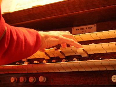 eine Hand, die auf einem Orgel-Manual spielt