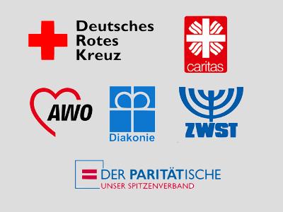 die Logos der sechs großen Wohlfahrtsverbände in Deutschland