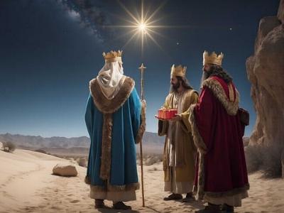 Die Heiligen Drei Könige stehen in einer Wüstenlandschaft (KI-generiertes Bild)