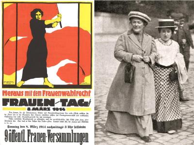 historisches Foto der Sozialistinnen Clara Zetkin (lks.) und Rosa Luxemburg von 1910