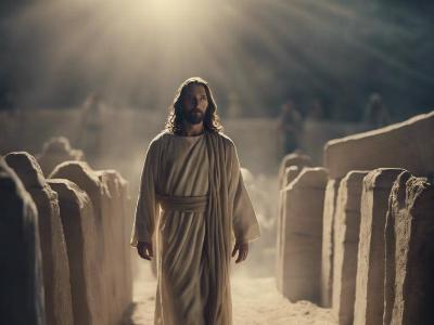 Jesus im Licht mit weißem Gewand